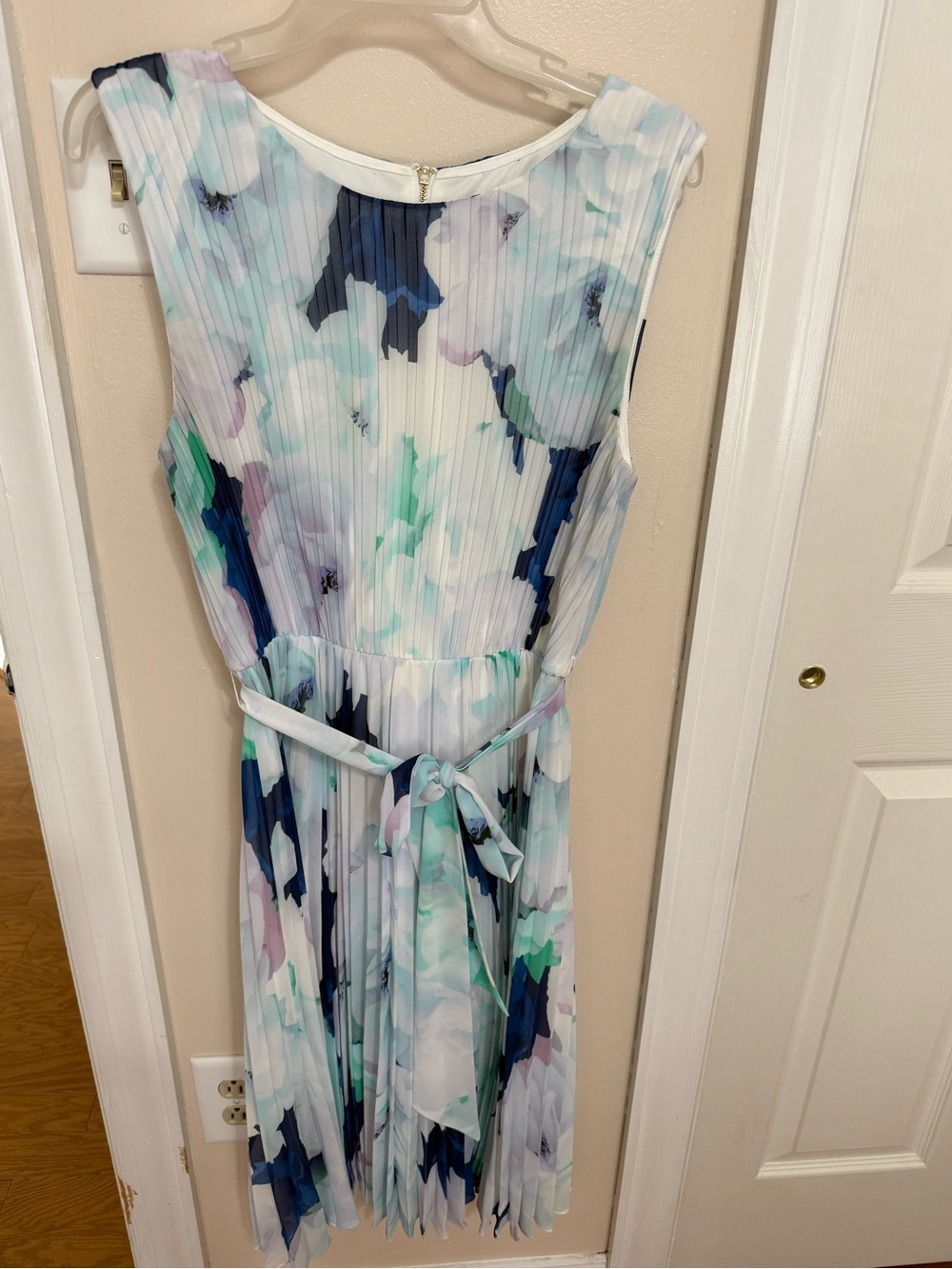 Calvin Klein Pleated Floral Midi Dress in Pastel Blue and Navy